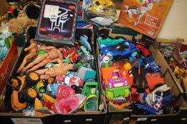 THREE BOXES OF TOYS TO INCLUDE ACTION MEN, MARVEL FIGURES, BOXED BUCKAROO GAME, AND A COLLECTION