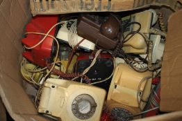 A LARGE BOX OF VINTAGE DIAL AND PUSH BUTTON TELEPHONES