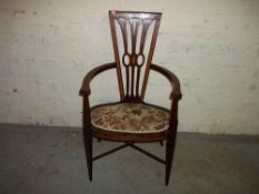 AN EDWARDIAN WIDE CARVER TYPE INLAID BEDROOM CHAIR