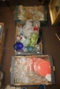 THREE TRAYS OF ASSORTED GLASSWARE TO INCLUDE CUT GLASS, PAPERWEIGHTS ETC