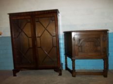 A GLAZED BOOKCASE TOGETHER WITH AN OAK POT CUPBOARD (2)