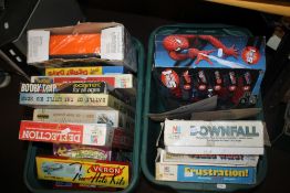 TWO PLASTIC BOXES OF CHILDREN'S GAMES TO INCLUDE 'SPIDERMAN WEB BLASTER'