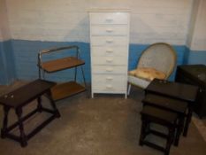 FIVE PIECES OF FURNITURE TO INCLUDE AN EIGHT DRAWER CHEST, OAK STOOL, A LOOM STYLE CHAIR, AN OAK