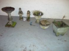 A SELECTION OF CONCRETE PLANTERS, A BIRD BATH AND STATUES (7)