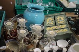 A TRAY CONTAINING JEWELLERY CABINET, ORNAMENTS, LARGE BLUE VASE, GERMAN STEIN, MATCHING