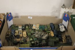 A COLLECTION OF MILITARY VEHICLES TO INCLUDE MATCHBOX, PLAY ART, CORGI, LLEDO ETC.