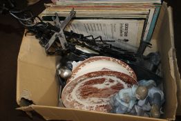 A BOX OF TWO NAO ORNAMENTS, CHINA MEAT PLATE, LP RECORDS ETC.