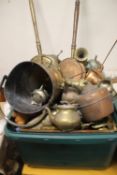 TWO PLASTIC TUBS OF ASSORTED METALWARE TO INCLUDE COPPER AND BRASS