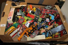 A BOX OF PLAYWORN DIECAST VEHICLES TO INCLUDE LESNEY, CORGI AND MATCHBOX