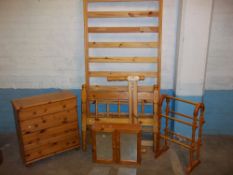 FIVE PINE ITEMS TO INCLUDE A PINE SINGLE BED FRAME, FOUR DRAWER CHEST, A SWIVEL MIRROR, A TOWEL