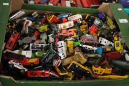 A BOX OF DIECAST VEHICLES, MAINLY CARS AND TRUCKS BY MATCHBOX, CORGI, DINKY ETC.