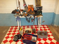 A SELECTION OF TOOLS INCLUDING SAWS, SPANNERS, G CLAMPS ETC.