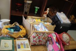 A QUANTITY OF WOOL, CROCHET MAGAZINES AND ACCESSORIES