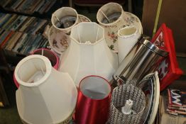 A COLLECTION OF EIGHT TABLE LAMPS, STAINLESS STEEL PEDAL BIN, TRAYS ETC.