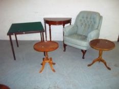 FIVE PIECES OF SMALL FURNITURE TO INCLUDE AN EASY CHAIR, TWO PEDESTAL WINE TABLES, A FOLDING GAMES