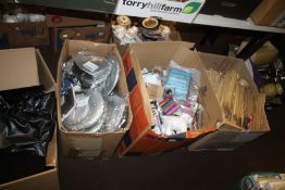 FOUR BOXES OF SUNDRIES TO INCLUDE PARTY ITEMS, FELT PEN SETS, INFLATABLE DINGHY ETC.