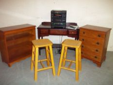 A YEW BOOKCASE, TWO KITCHEN STOOLS, A MODERN HALL / SOFA TABLE, A AIWA HIFI SYSTEM ETC. (6)