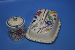 A POOLE BUTTER DISH AND JAM POT WITH SPOON