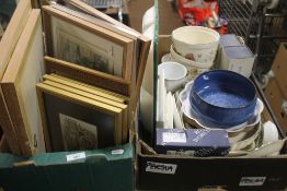 A TRAY OF PICTURES AND A TRAY OF CROCKERY TO INCLUDE DENBY, ROYAL WORCESTER, WEDGWOOD ETC. (TRAYS