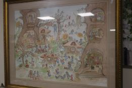 A FRAMED AND GLAZED PRINT INSCRIBED 'ROSE JANUARY 1987' DEPICTING WOODLAND ANIMAL CHARACTERS