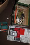 A WOODEN CHEST OF TOOLS TO INCLUDE BLACK & DECKER SAW AND POWER DEVIL DRILL