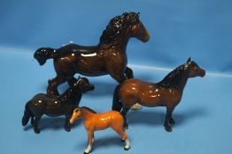 A BESWICK SHIRE HORSE, A BESWICK SHETLAND PONY, A BESWICK DARTMOOR PONY AND A RARE BESWICK LIGHT