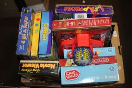 TWO BOXES OF TOYS TO INCLUDE BINGO, JOKE / MAGIC SET, GUESS WHO? ETC.