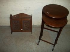 A CARVED FRONTED WALL CABINET AND A SET OF TWO TABLES
