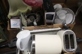 THREE BOXES OF ELECTRICAL ITEMS TO INCLUDE AN ELECTRIC FAN, SHREDDER, ALBA STEREO ETC.