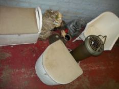 A SELECTION OF ITEMS INCLUDING CONCRETE GARDEN GNOMES, A VINTAGE HEATER, AND THREE LLOYD LOOM