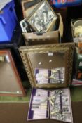A LARGE BOX OF ASSORTED PICTURES, A BOXED CUTLERY SET, A DIGITAL PHOTO FRAME AND A GILT MIRROR,