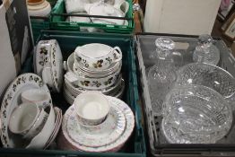 TWO TRAYS OF ROYAL TUDOR WARE DINNER SET AND LARGE PIECES OF CUT GLASS TO INCLUDE DECANTERS, BOWLS