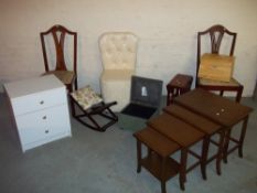 A QUANTITY OF SMALL FURNITURE PIECES TO INCLUDE CHAIRS, A CHEST OF DRAWERS AND A FOLDING GOUT