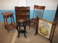 FIVE SMALL PIECES OF FURNITURE TO INCLUDE AN EBONISED PLANT STAND, A CHAIR, AN OAK HALL TABLE, A