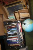 A LARGE GLOBE OF THE WORLD, VARIOUS PICTURES, PICTURE MIRROR, ORNAMENTS, CLOCK AND A BOX OF HARDBACK