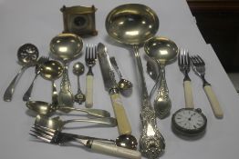 A COLLECTION OF WHITE METAL FLATWARE POCKET WATCH AND A SMALL MANTEL CLOCK