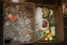A BOX OF GLASSWARE TO INCLUDE CUT AND PRESS GLASS TOGETHER WITH A BOX OF CHINA TO INCLUDE MATCHING