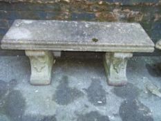 A LARGE HEAVY RECONSTITUTED STONE TWIN PEDESTAL GARDEN SEAT