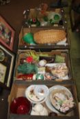 FOUR BOXES OF SUNDRIES INCLUDING GLASS, CHINA, ORNAMENTS ETC.
