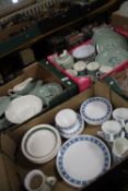 THREE TRAYS OF TEA AND DINNERWARE, MAINLY WEDGWOOD AND ROYAL TUSCAN (TRAYS NOT INCLUDED)
