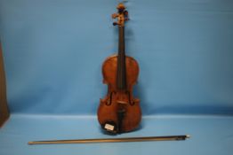 A VIOLIN WITH BOW, UNCASED, NO MAKER'S MARKS