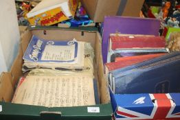 A TRAY OF SHEET MUSIC AND A TRAY OF VINTAGE BOOKS INCLUDING RAILWAY INTEREST ETC. (TRAYS NOT