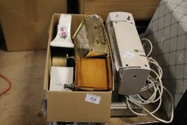 A PAIR OF ELECTRIC SEWING MACHINES, BOX CONTAINING FOUR CLOCKS AND A RADLEY WATCH AND A JEWELLERY