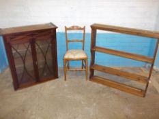AN EDWARDIAN STYLE CHAIR, A PINE BOOKSHELF AND A GLAZED TWO DOOR BOOKCASE (3)