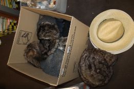 A BOX CONTAINING A QUANTITY OF HATS AND GLOVES INCLUDING STRAW BOATER ETC.
