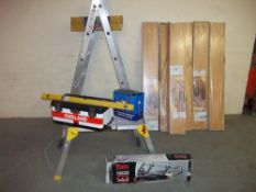 A COLLECTION OF TOOLS INCLUDING ALUMINIUM STEP LADDER, TOOL BOX, WOODEN FLOORING ETC.