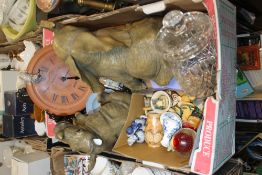 TWO TRAYS OF LARGE ELEPHANT AND RHINOCEROUS ORNAMENTS, GLASS BISCUIT BARREL, CLOCK, WEDGWOOD MUGS