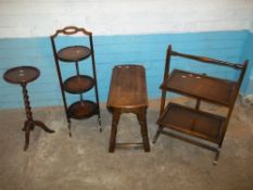 TWO DUMB WAITER FOLDING CAKE STANDS (ONE A/F), A SMALL OAK DROP LEAF TABLE AND A SINGLE PEDESTAL
