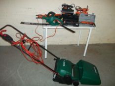 A QUALCAST ELECTRIC MOWER WITH ELECTRICAL HAND TOOLS