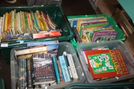 FOUR TRAYS OF PAPERBACK NOVELS, CHILDREN'S BOOKS ETC.